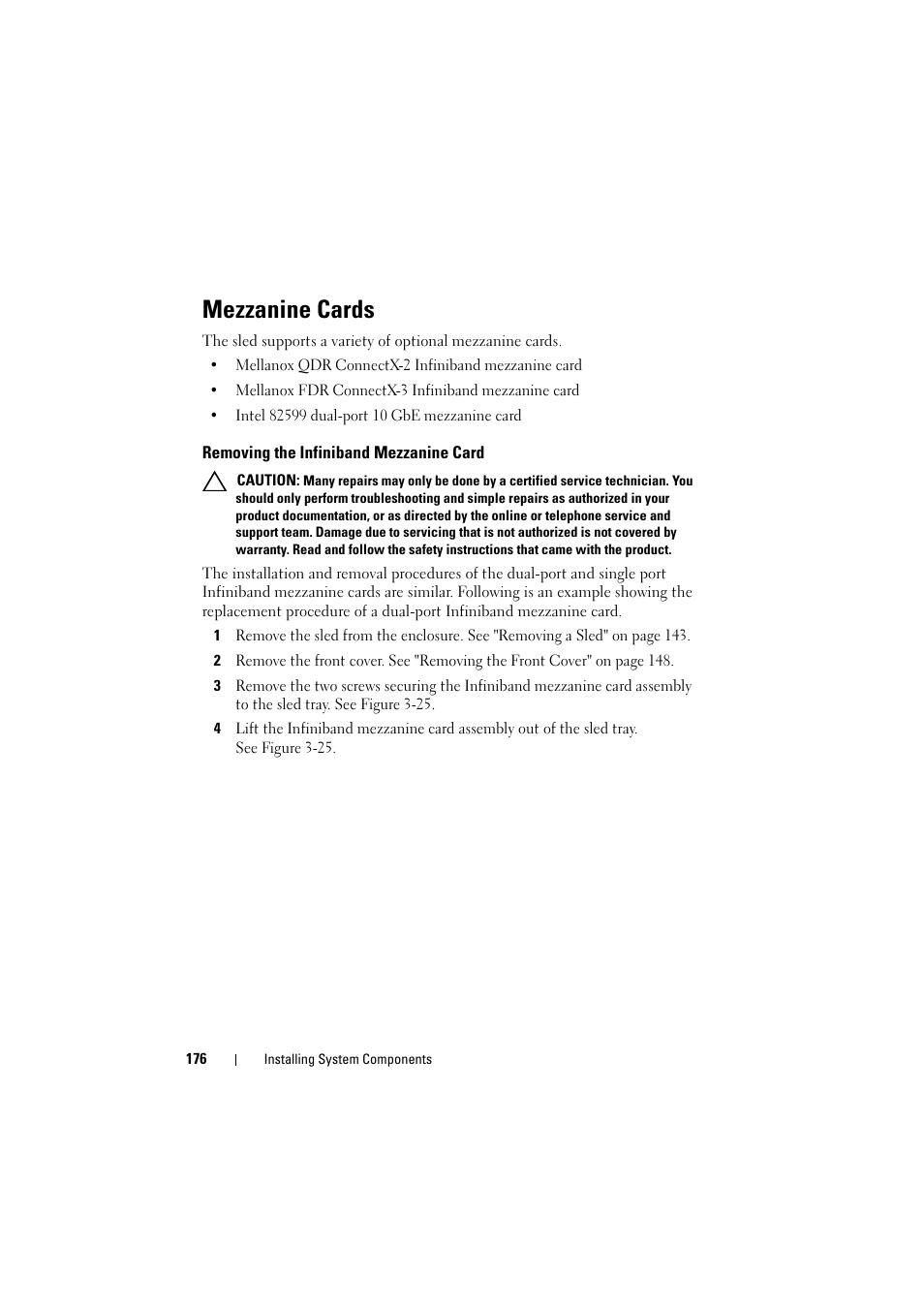 Mezzanine cards, Removing the infiniband mezzanine card | Dell PowerEdge C8000 User Manual | Page 176 / 248