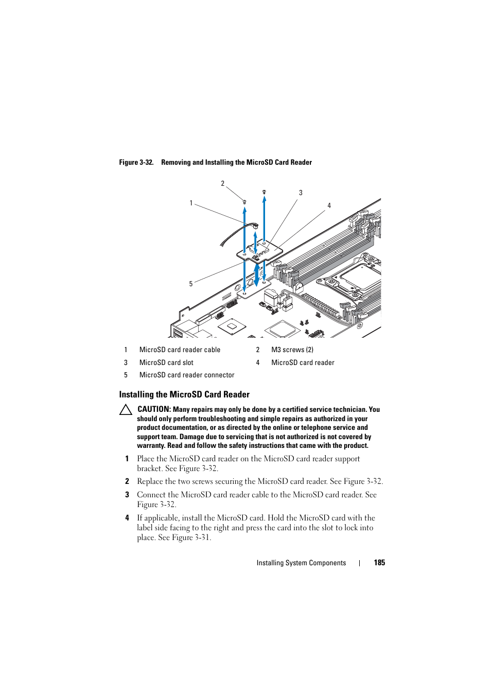 Installing the microsd card reader | Dell PowerEdge C8000 User Manual | Page 185 / 248