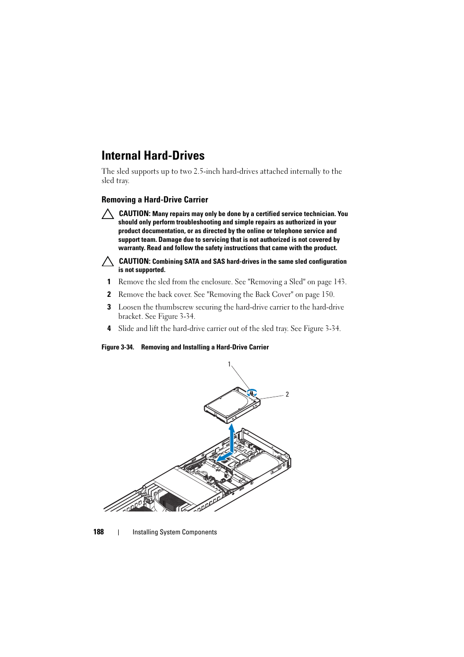 Internal hard-drives, Removing a hard-drive carrier | Dell PowerEdge C8000 User Manual | Page 188 / 248