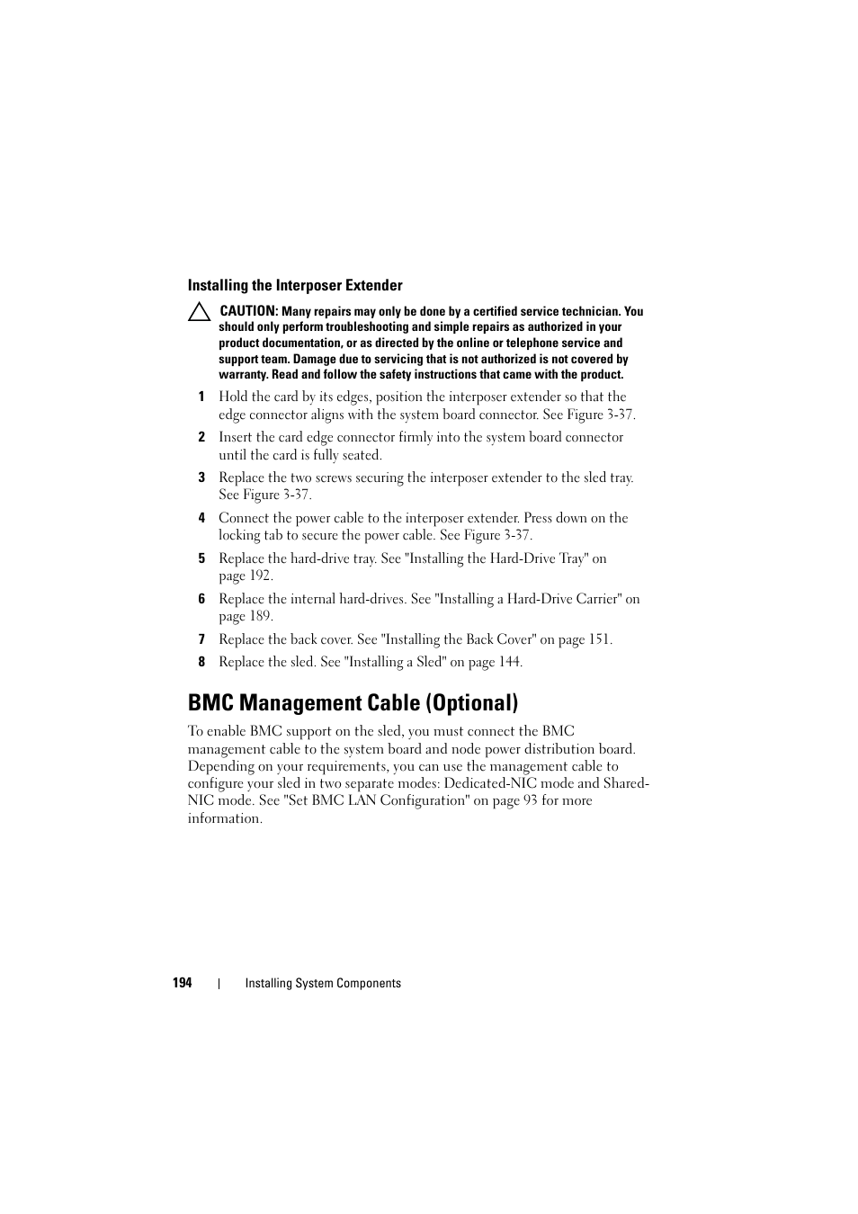 Installing the interposer extender, Bmc management cable (optional) | Dell PowerEdge C8000 User Manual | Page 194 / 248