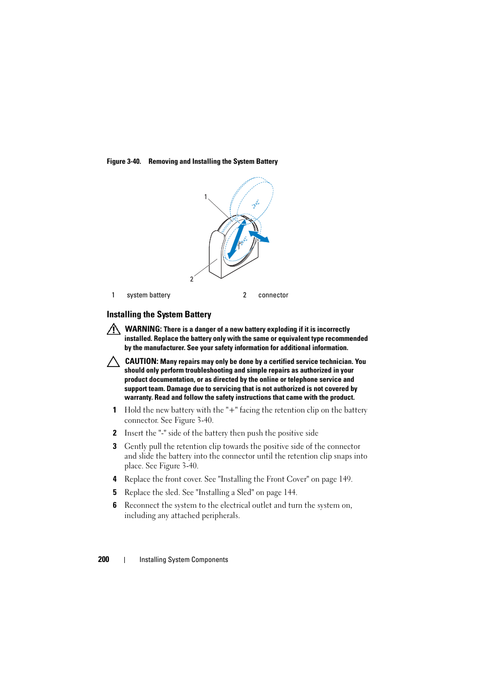 Installing the system battery, Figure 3-40 | Dell PowerEdge C8000 User Manual | Page 200 / 248