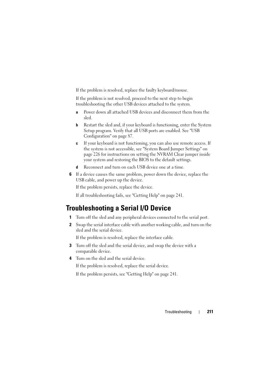Troubleshooting a serial i/o device, Troubleshooting a serial | Dell PowerEdge C8000 User Manual | Page 211 / 248