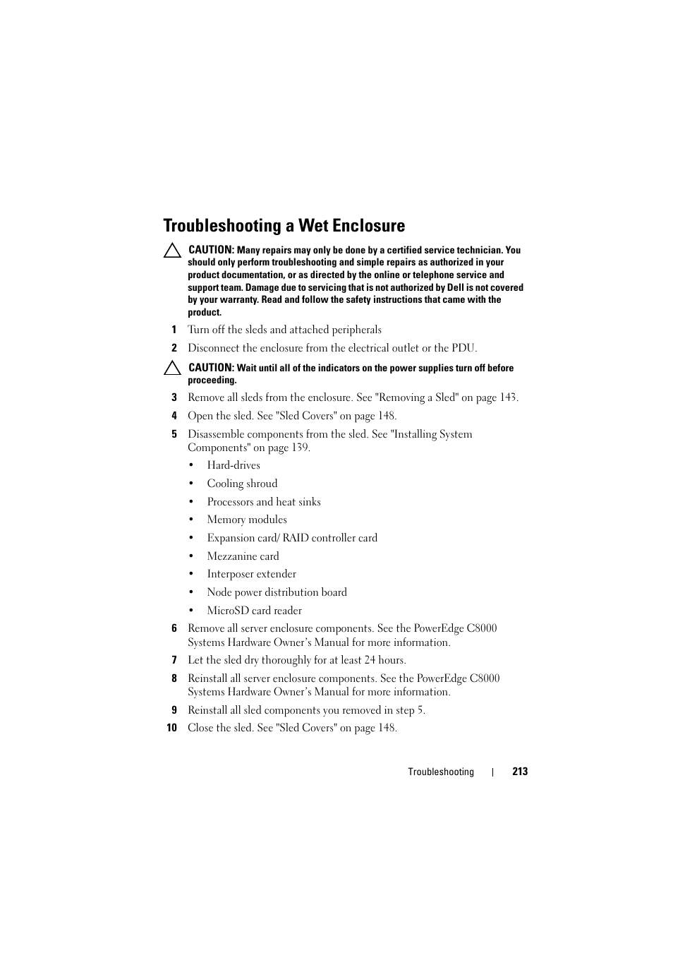 Troubleshooting a wet enclosure | Dell PowerEdge C8000 User Manual | Page 213 / 248
