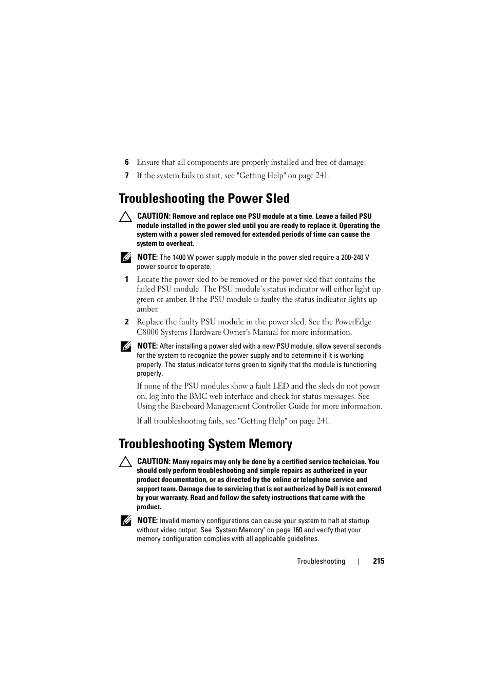 Troubleshooting the power sled, Troubleshooting system memory, See "troubleshooting system | Dell PowerEdge C8000 User Manual | Page 215 / 248