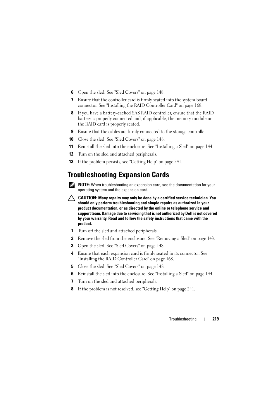 Troubleshooting expansion cards, See "troubleshooting, Expansion cards" on | Troubleshooting | Dell PowerEdge C8000 User Manual | Page 219 / 248