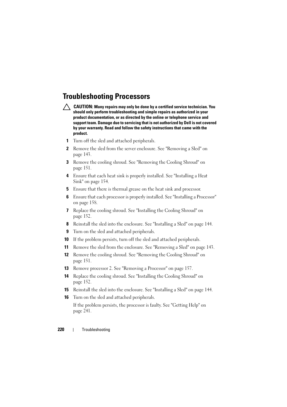Troubleshooting processors, See "troubleshooting | Dell PowerEdge C8000 User Manual | Page 220 / 248
