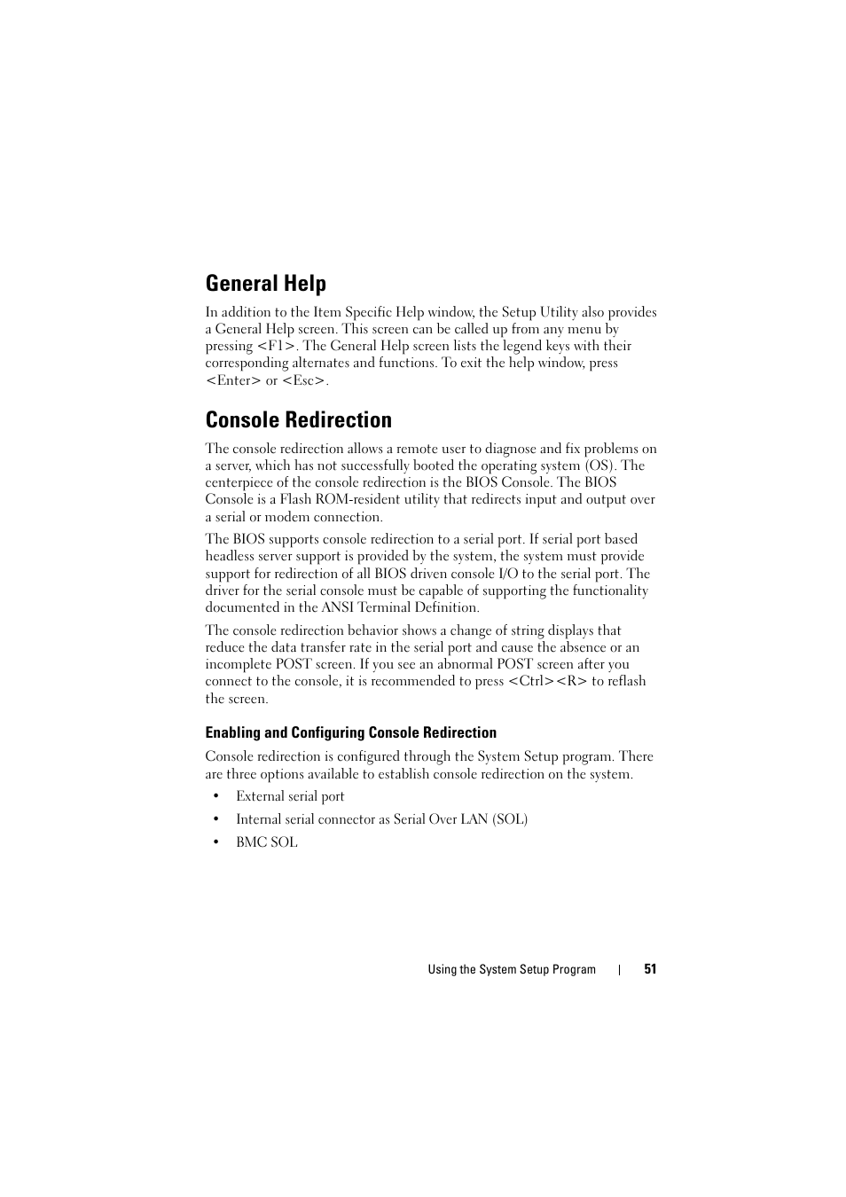 General help, Console redirection, Enabling and configuring console redirection | Dell PowerEdge C8000 User Manual | Page 51 / 248