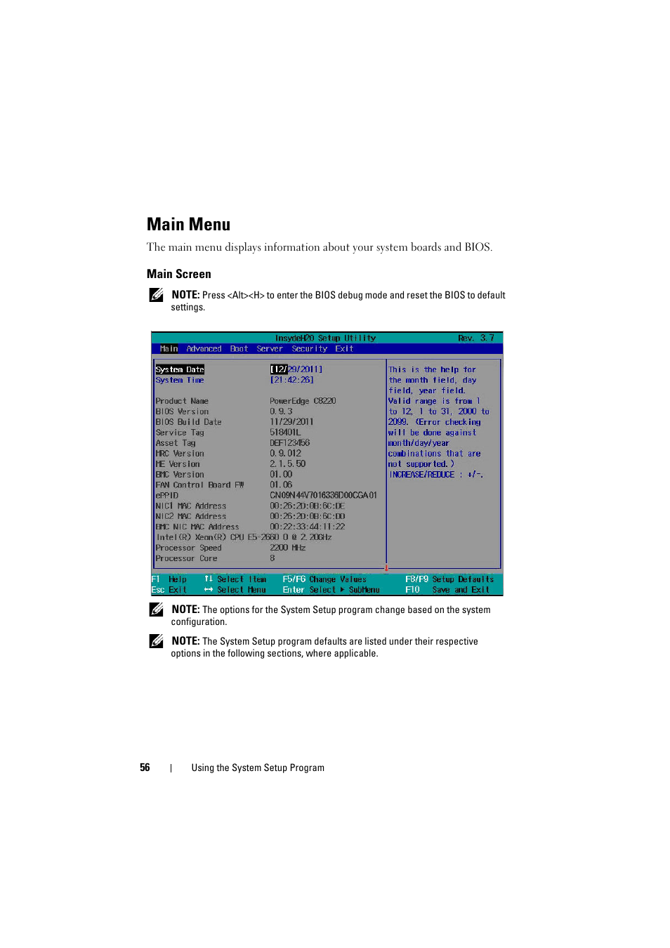 Main menu, Main screen | Dell PowerEdge C8000 User Manual | Page 56 / 248