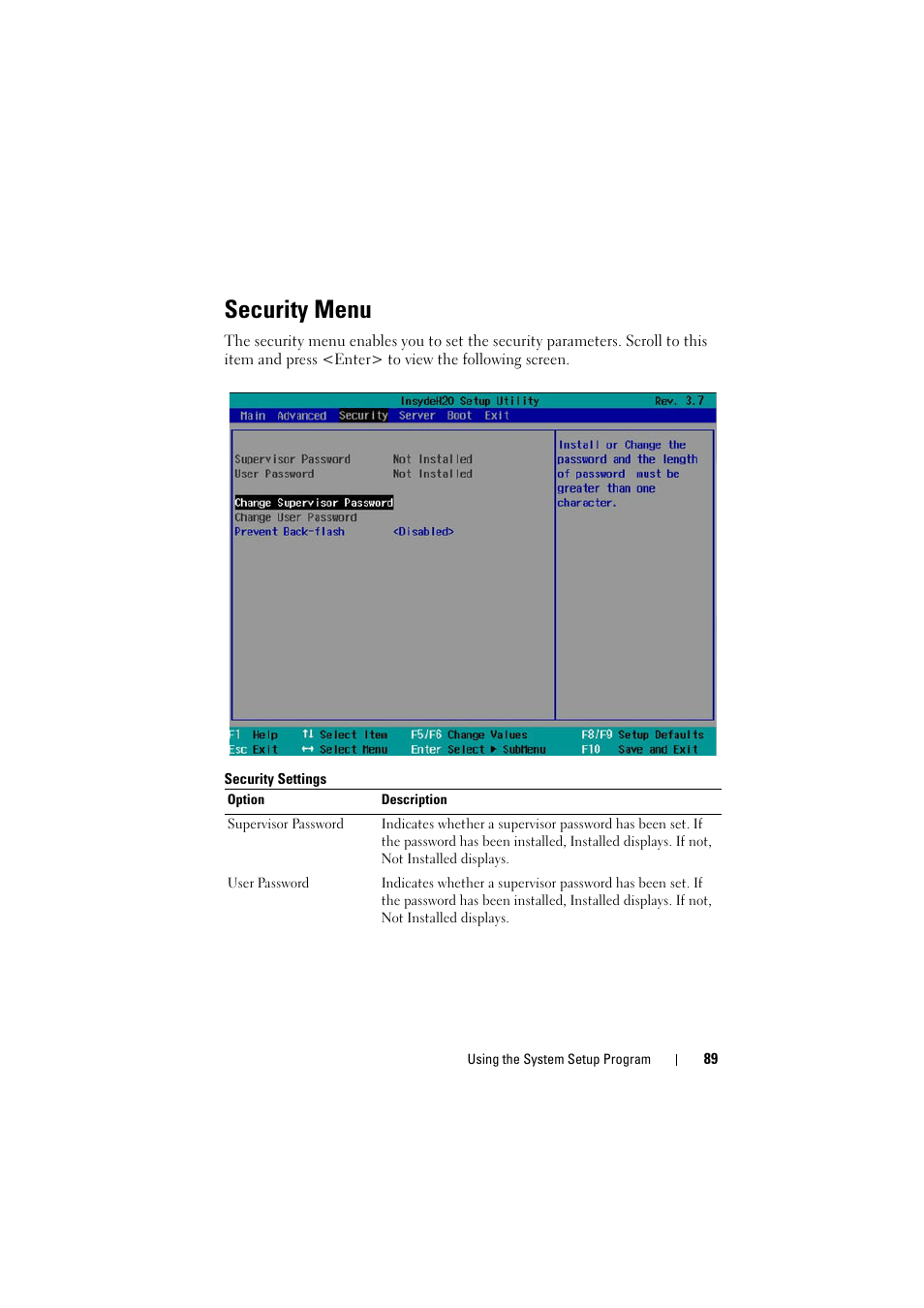 Security menu | Dell PowerEdge C8000 User Manual | Page 89 / 248