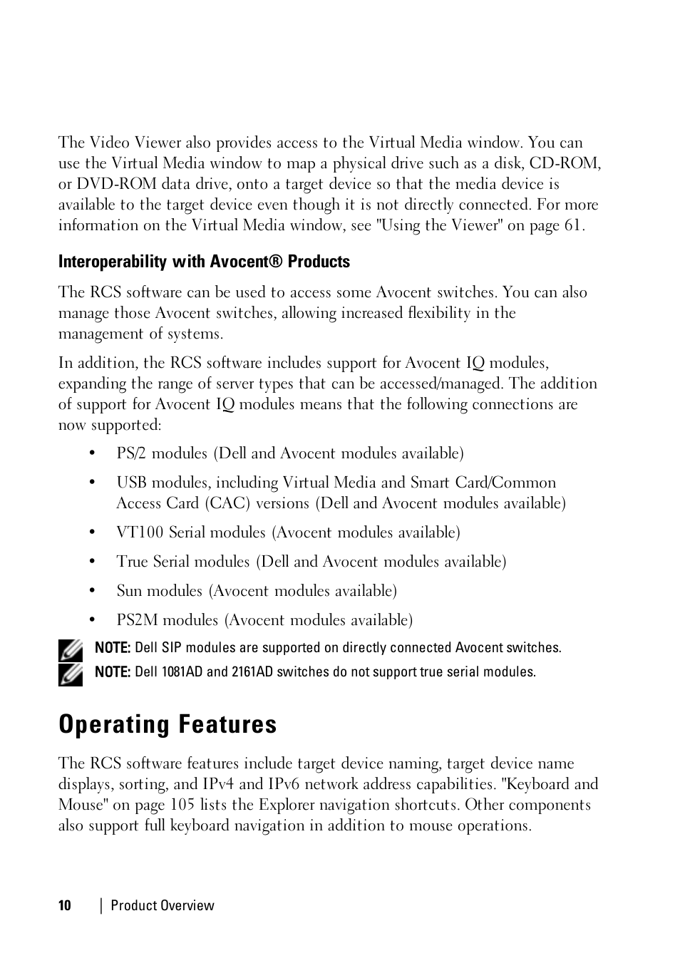 Interoperability with avocent® products, Operating features | Dell KVM 2321DS User Manual | Page 10 / 112