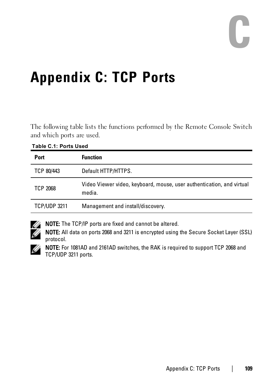 Appendix c: tcp ports | Dell KVM 2321DS User Manual | Page 109 / 112