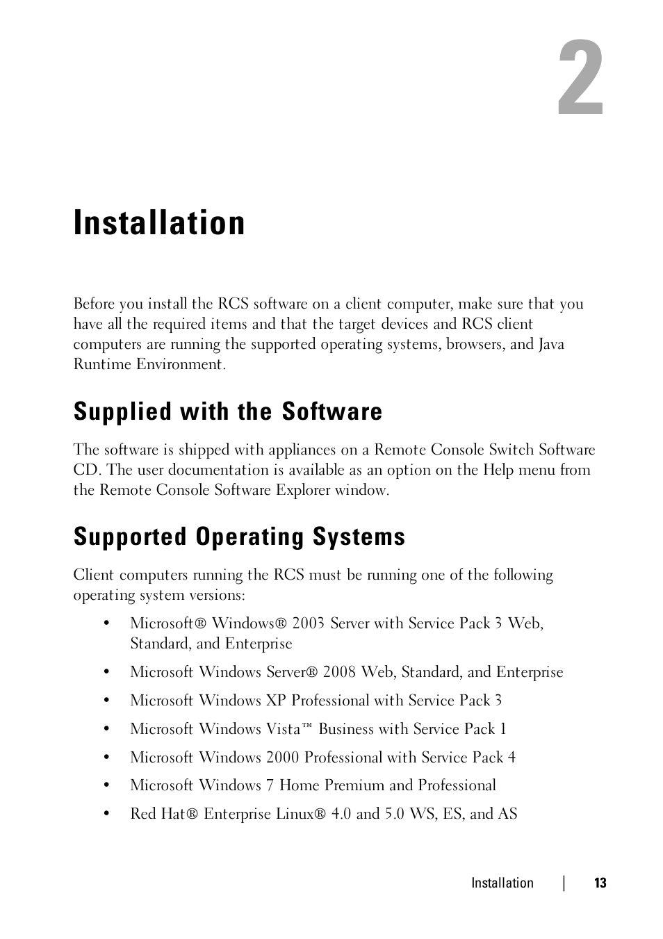 Installation, Supplied with the software, Supported operating systems | Dell KVM 2321DS User Manual | Page 13 / 112