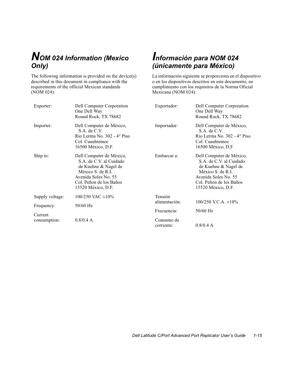 Nom 024 information (mexico only), Información para nom 024 (únicamente para méxico) | Dell C/Port APR User Manual | Page 19 / 24