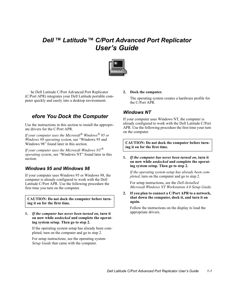 Dock the computer, User’s guide, Dell | Latitude, C/port advanced port replicator, Efore you dock the computer | Dell C/Port APR User Manual | Page 5 / 24