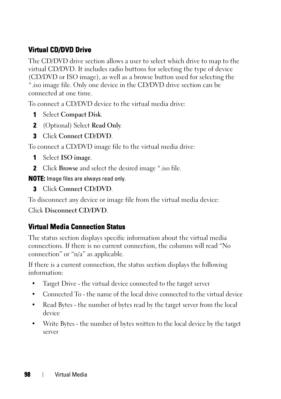 Virtual cd/dvd drive, Virtual media connection status | Dell KVM 2321DS User Manual | Page 114 / 244