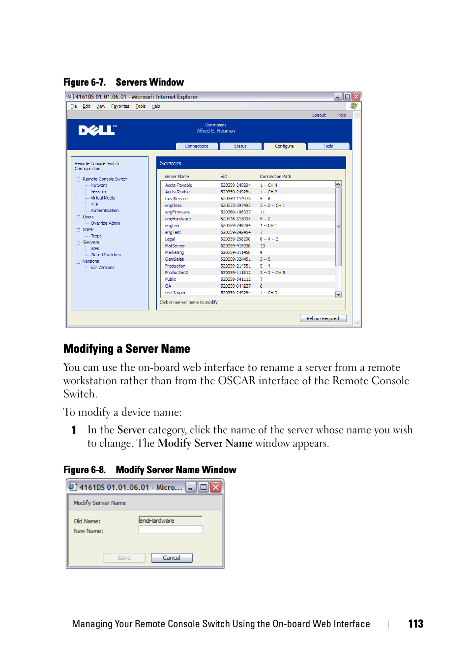 Modifying a server name | Dell KVM 2321DS User Manual | Page 129 / 244