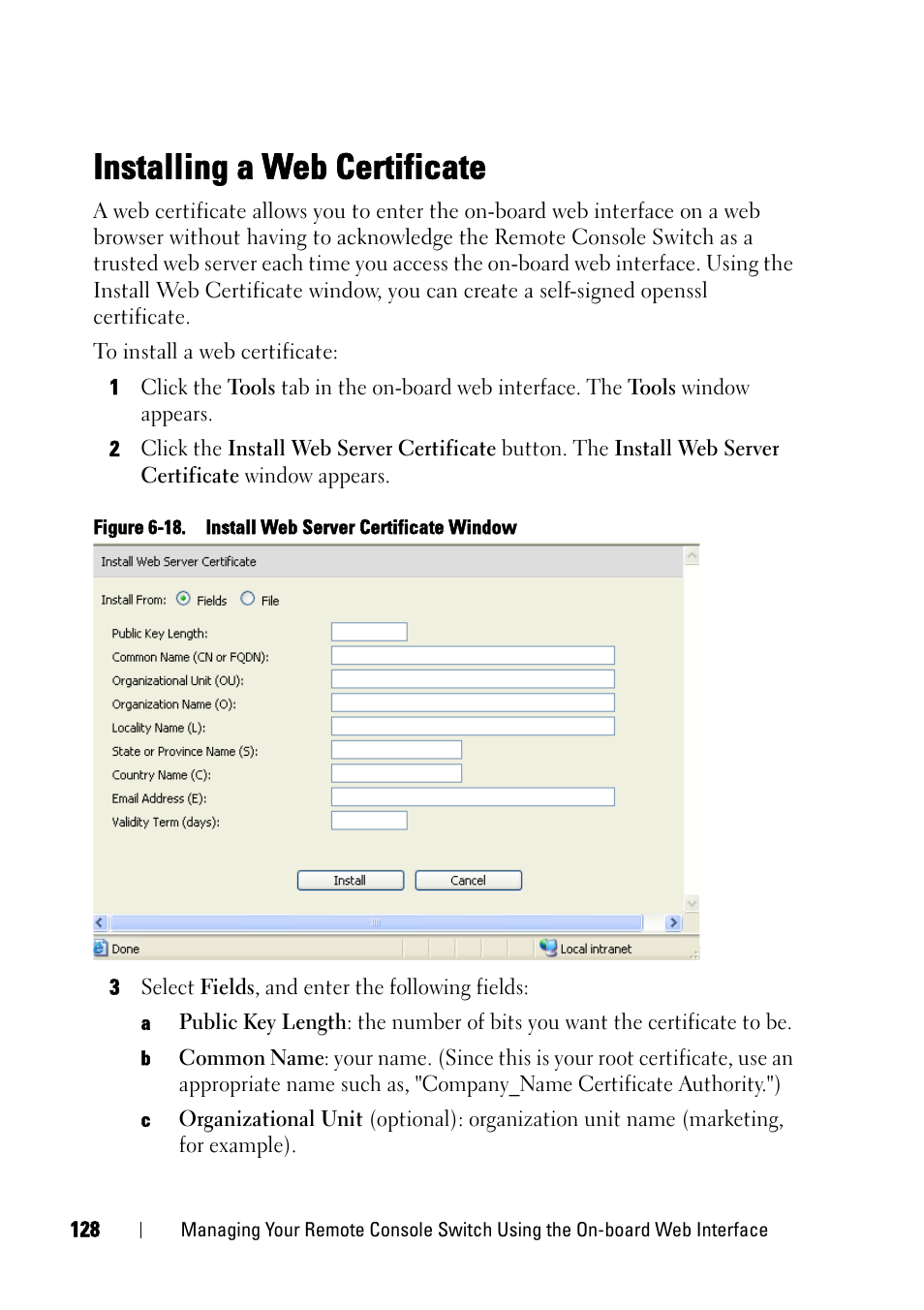 Installing a web certificate | Dell KVM 2321DS User Manual | Page 144 / 244