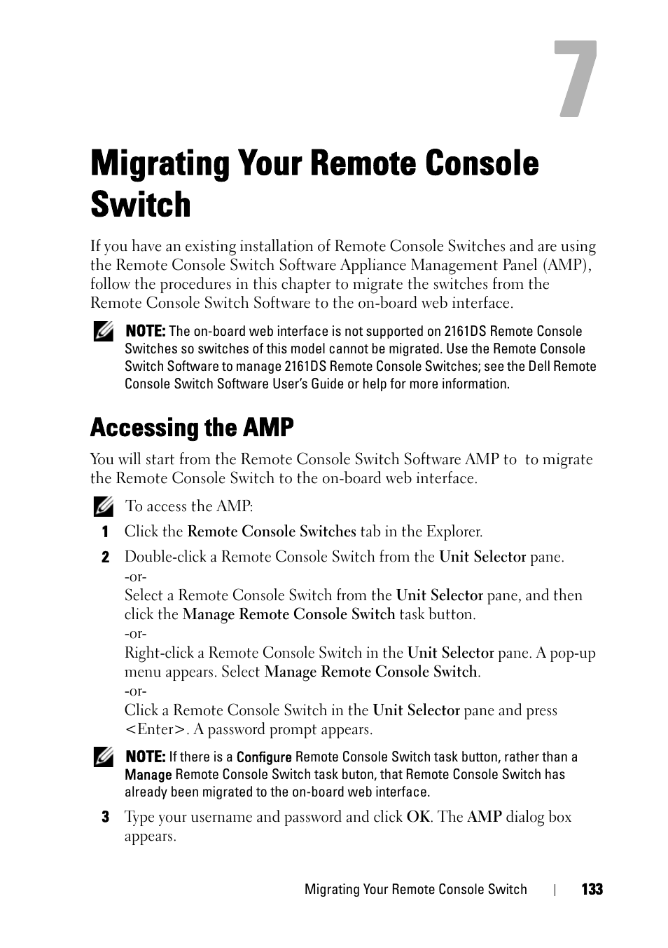 Migrating your remote console switch, Accessing the amp | Dell KVM 2321DS User Manual | Page 149 / 244