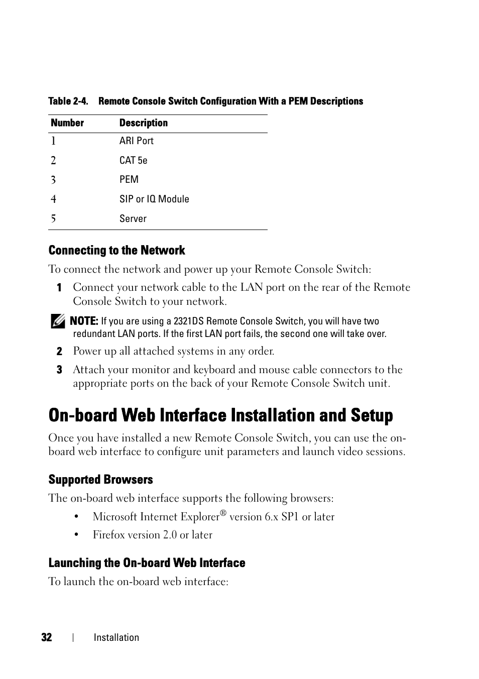 Connecting to the network, On-board web interface installation and setup, Supported browsers | Launching the on-board web interface | Dell KVM 2321DS User Manual | Page 48 / 244