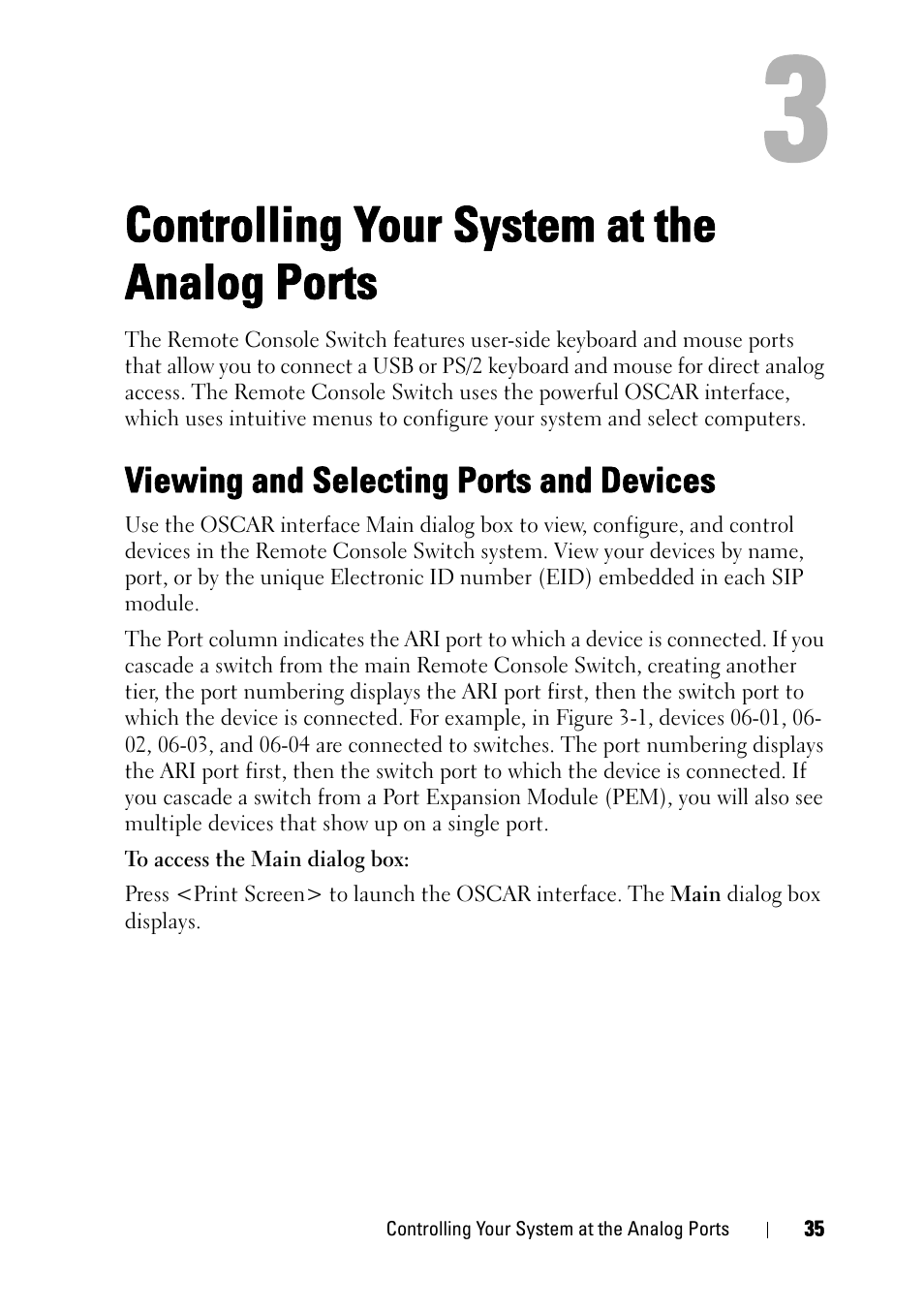 Controlling your system at the analog ports, Viewing and selecting ports and devices | Dell KVM 2321DS User Manual | Page 51 / 244