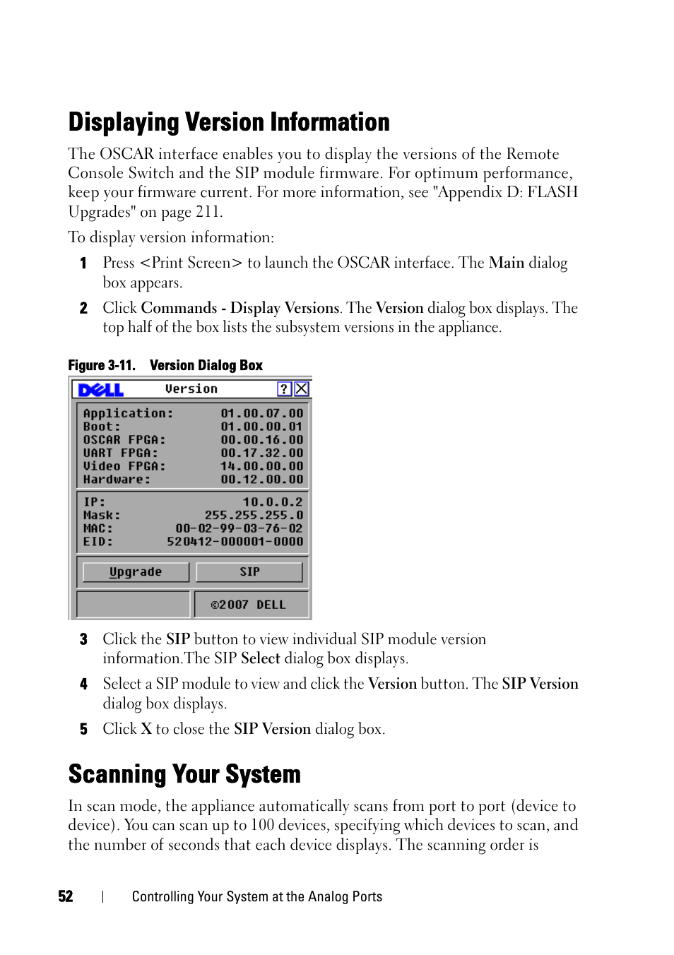 Displaying version information, Scanning your system | Dell KVM 2321DS User Manual | Page 68 / 244