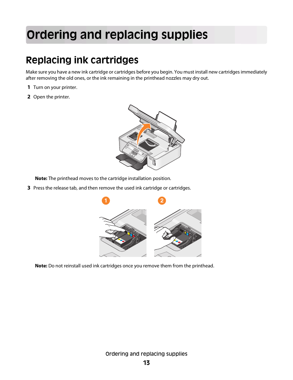 Ordering and replacing supplies, Replacing ink cartridges | Dell V313 All In One Inkjet Printer User Manual | Page 13 / 107