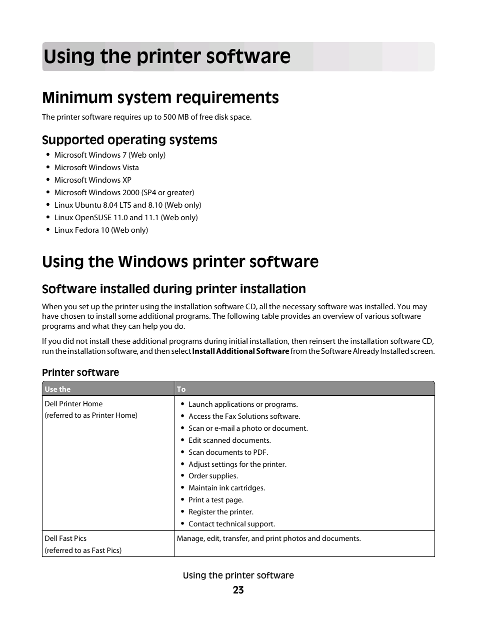 Using the printer software, Minimum system requirements, Using the windows printer software | Supported operating systems, Software installed during printer installation | Dell V313 All In One Inkjet Printer User Manual | Page 23 / 107