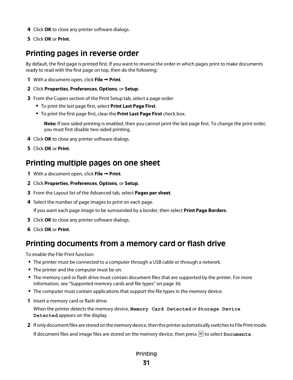 Printing pages in reverse order, Printing multiple pages on one sheet | Dell V313 All In One Inkjet Printer User Manual | Page 31 / 107