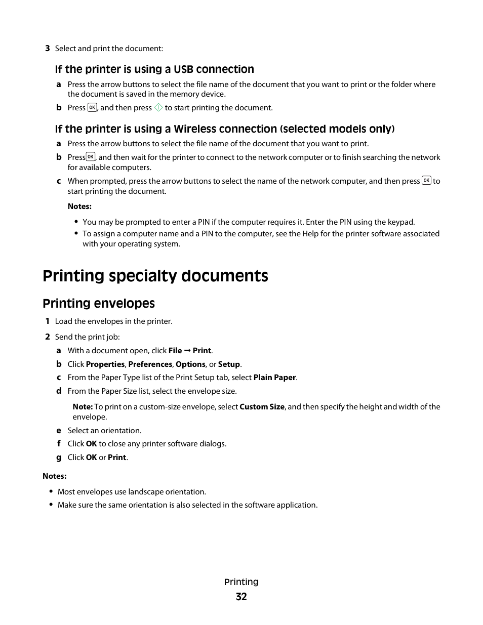 Printing specialty documents, Printing envelopes | Dell V313 All In One Inkjet Printer User Manual | Page 32 / 107