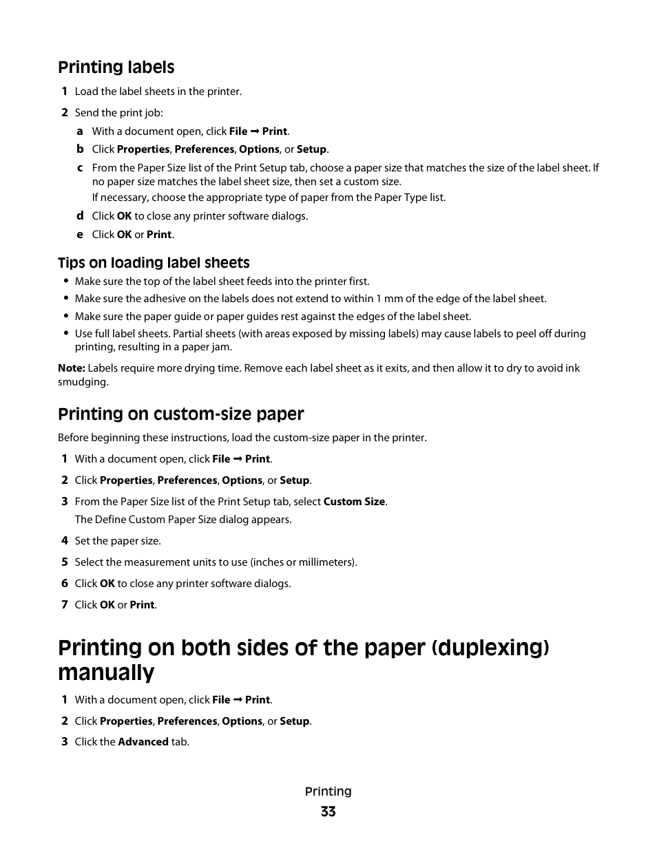 Printing labels, Printing on custom-size paper | Dell V313 All In One Inkjet Printer User Manual | Page 33 / 107