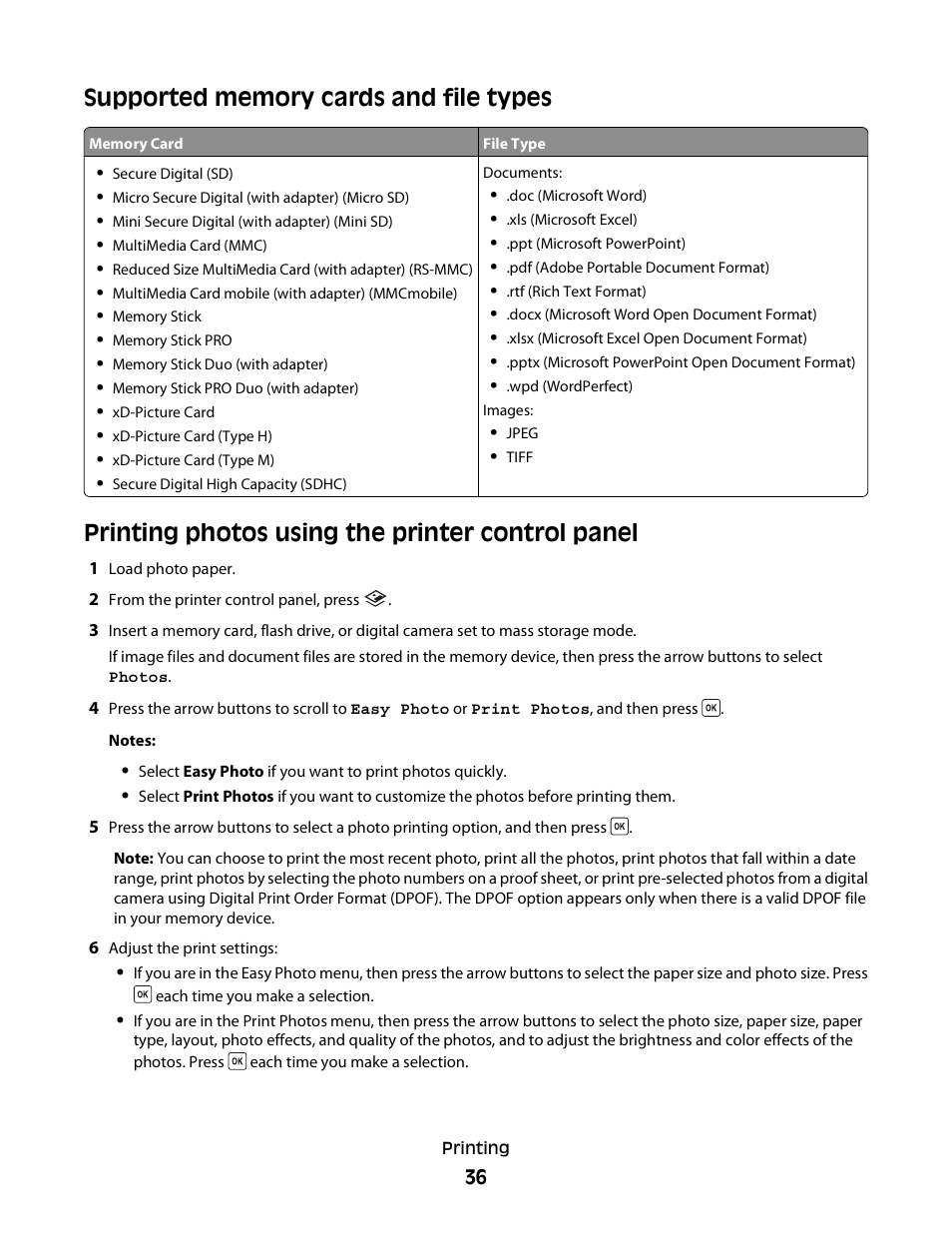 Supported memory cards and file types, Printing photos using the printer control panel | Dell V313 All In One Inkjet Printer User Manual | Page 36 / 107
