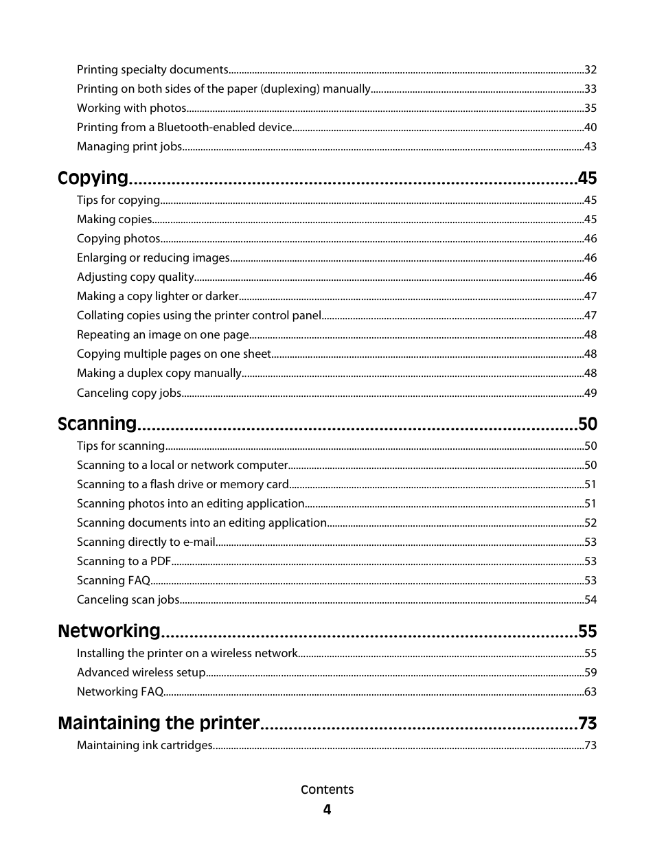 Copying, Scanning, Networking | Maintaining the printer | Dell V313 All In One Inkjet Printer User Manual | Page 4 / 107