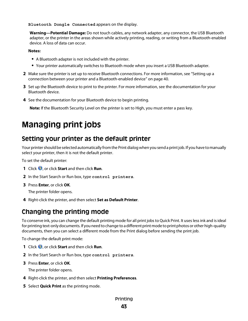 Managing print jobs, Setting your printer as the default printer, Changing the printing mode | Dell V313 All In One Inkjet Printer User Manual | Page 43 / 107
