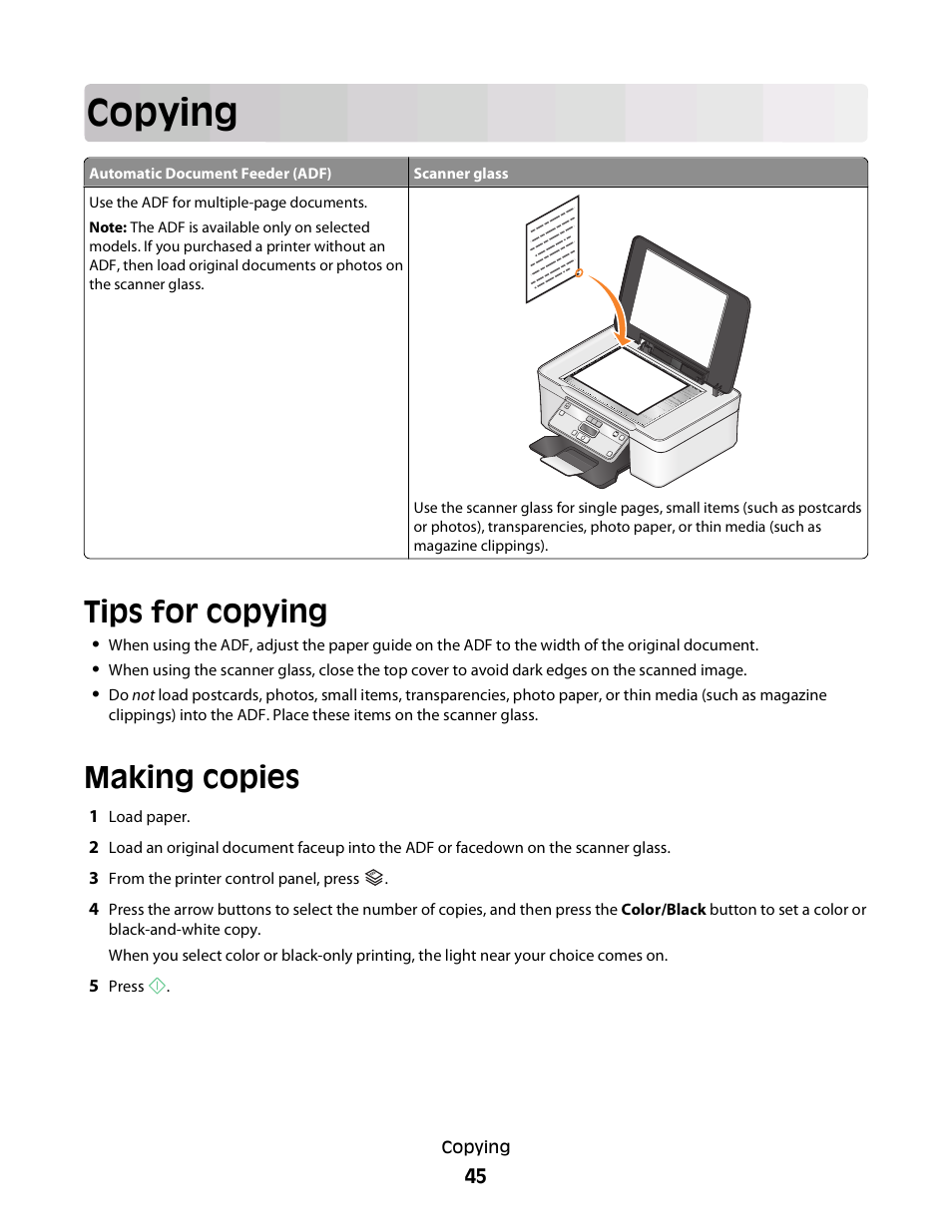 Copying, Tips for copying, Making copies | Dell V313 All In One Inkjet Printer User Manual | Page 45 / 107