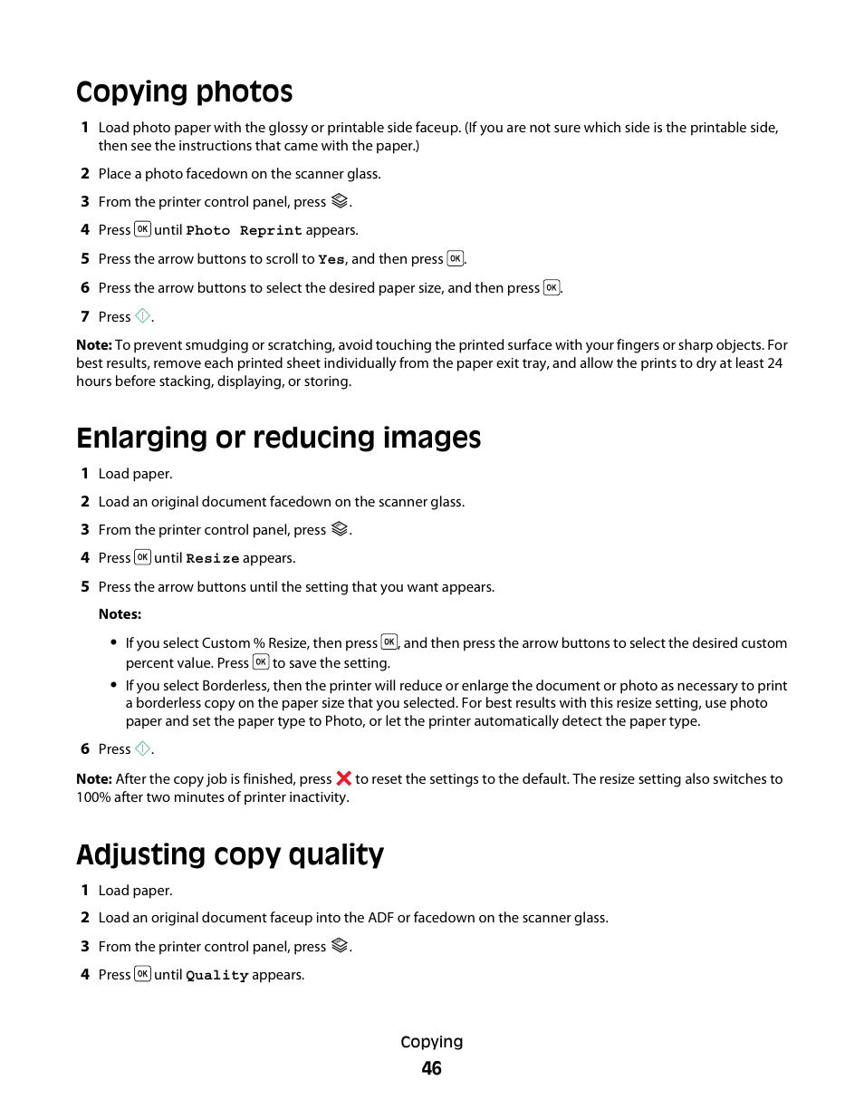 Copying photos, Enlarging or reducing images, Adjusting copy quality | Dell V313 All In One Inkjet Printer User Manual | Page 46 / 107