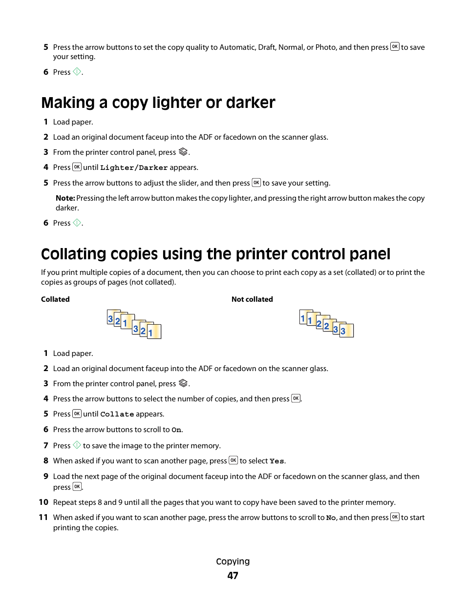 Making a copy lighter or darker, Collating copies using the printer control panel | Dell V313 All In One Inkjet Printer User Manual | Page 47 / 107