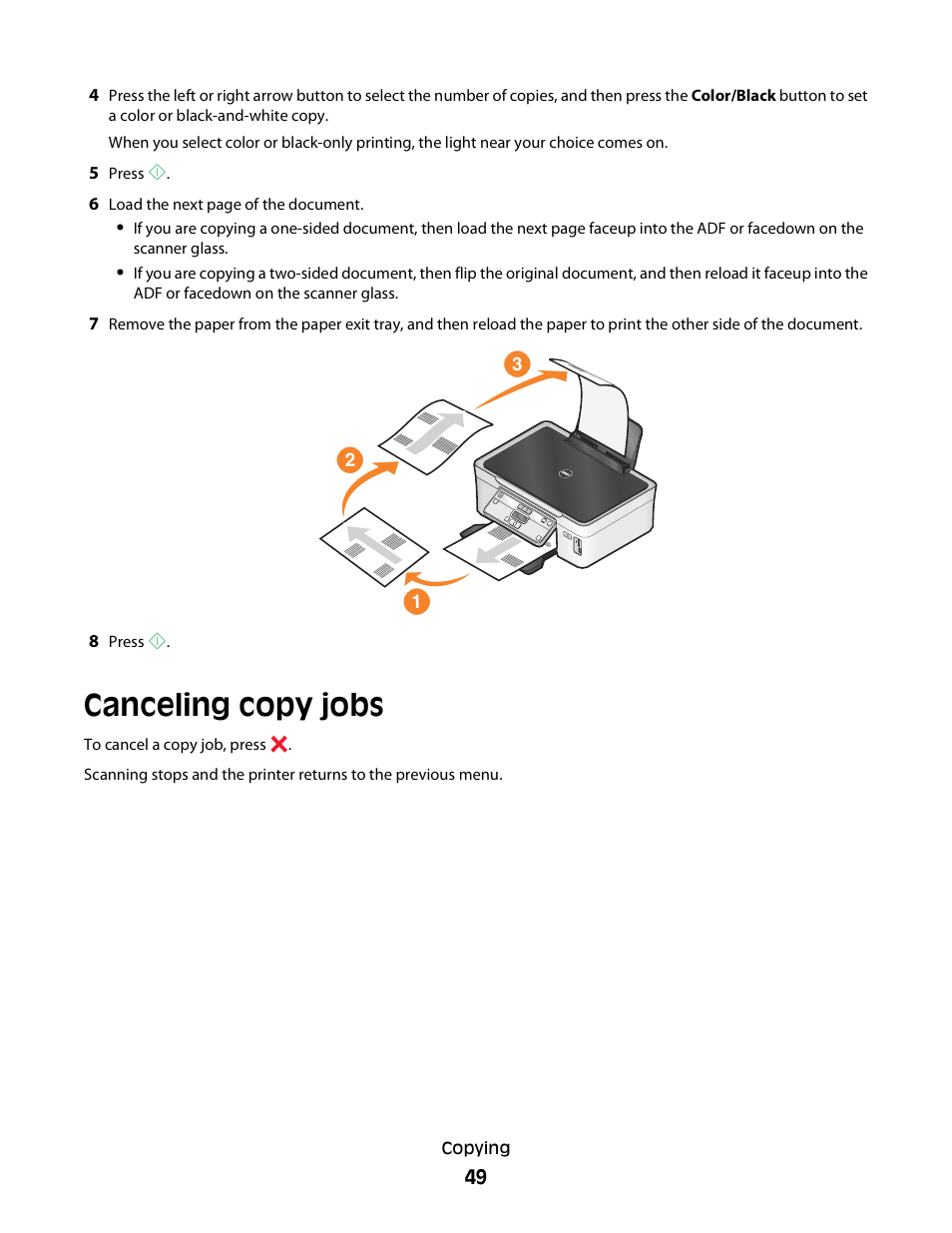 Canceling copy jobs | Dell V313 All In One Inkjet Printer User Manual | Page 49 / 107