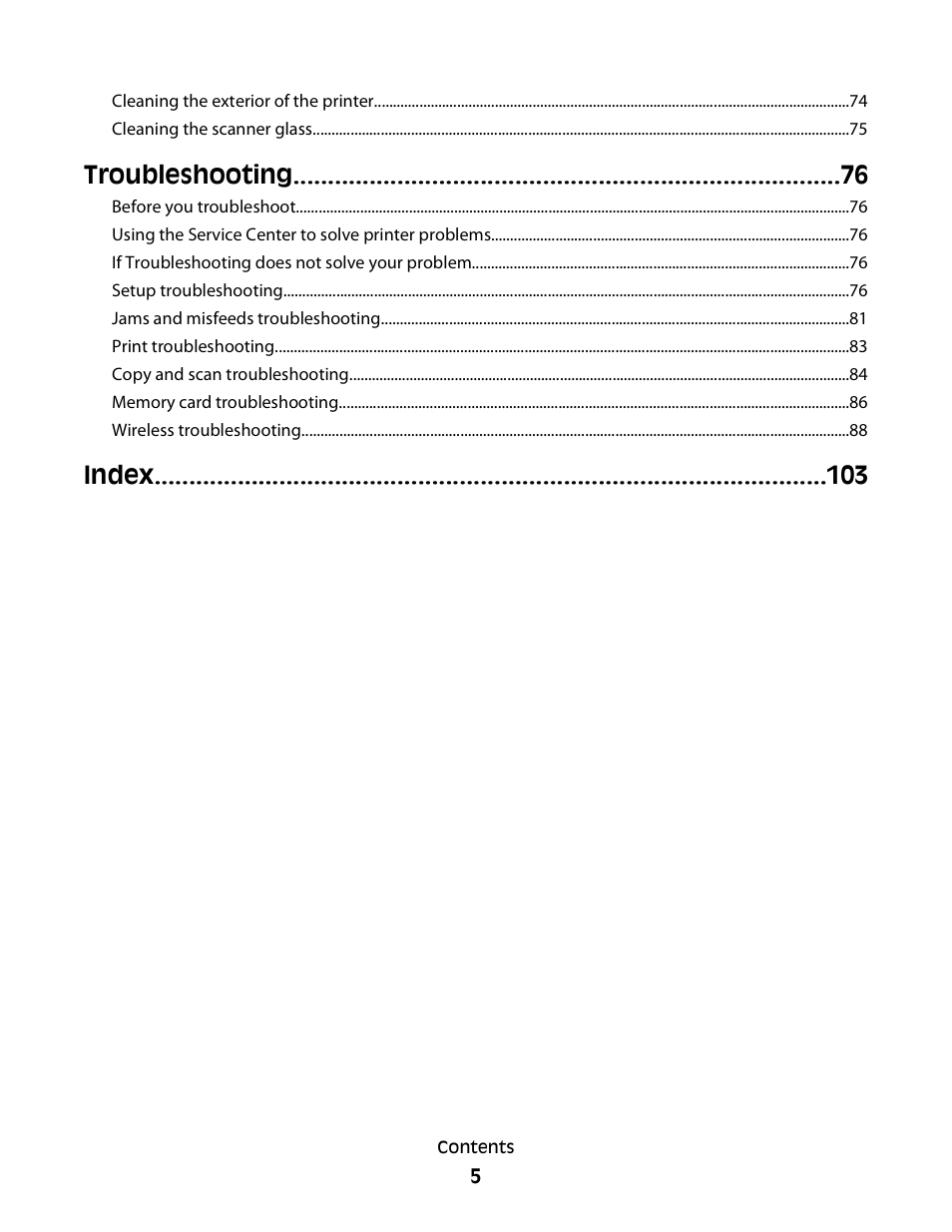 Troubleshooting, Index | Dell V313 All In One Inkjet Printer User Manual | Page 5 / 107