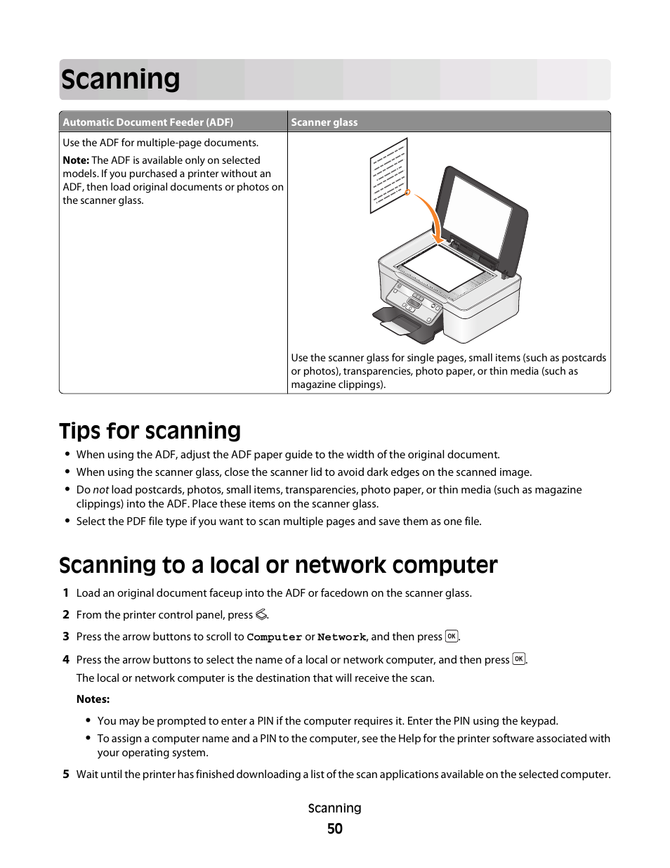 Scanning, Tips for scanning, Scanning to a local or network computer | Dell V313 All In One Inkjet Printer User Manual | Page 50 / 107