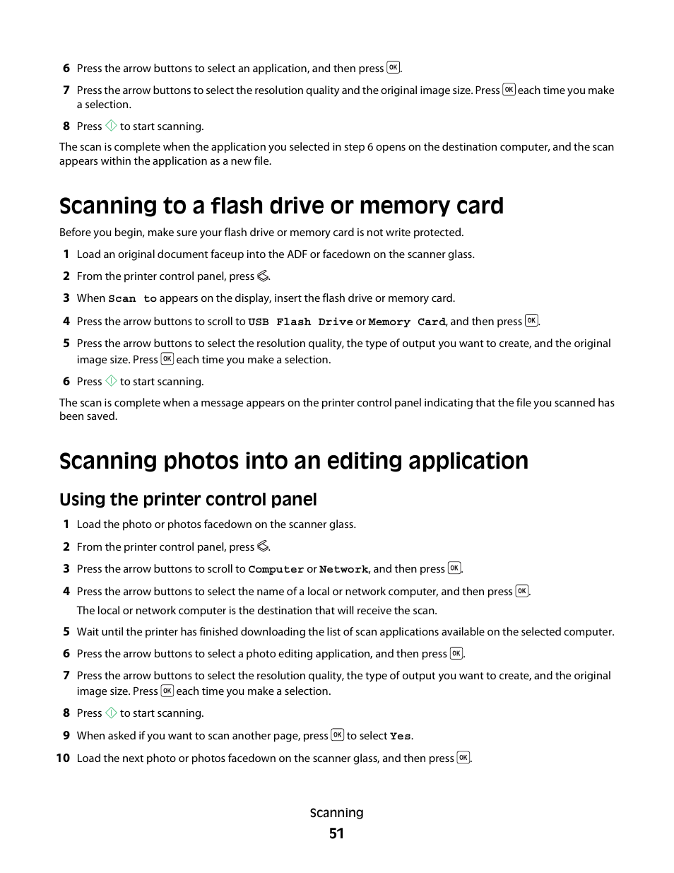 Scanning to a flash drive or memory card, Scanning photos into an editing application, Using the printer control panel | Dell V313 All In One Inkjet Printer User Manual | Page 51 / 107
