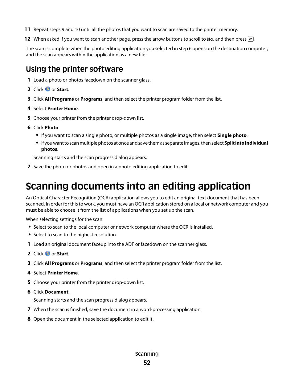 Scanning documents into an editing application, Using the printer software | Dell V313 All In One Inkjet Printer User Manual | Page 52 / 107