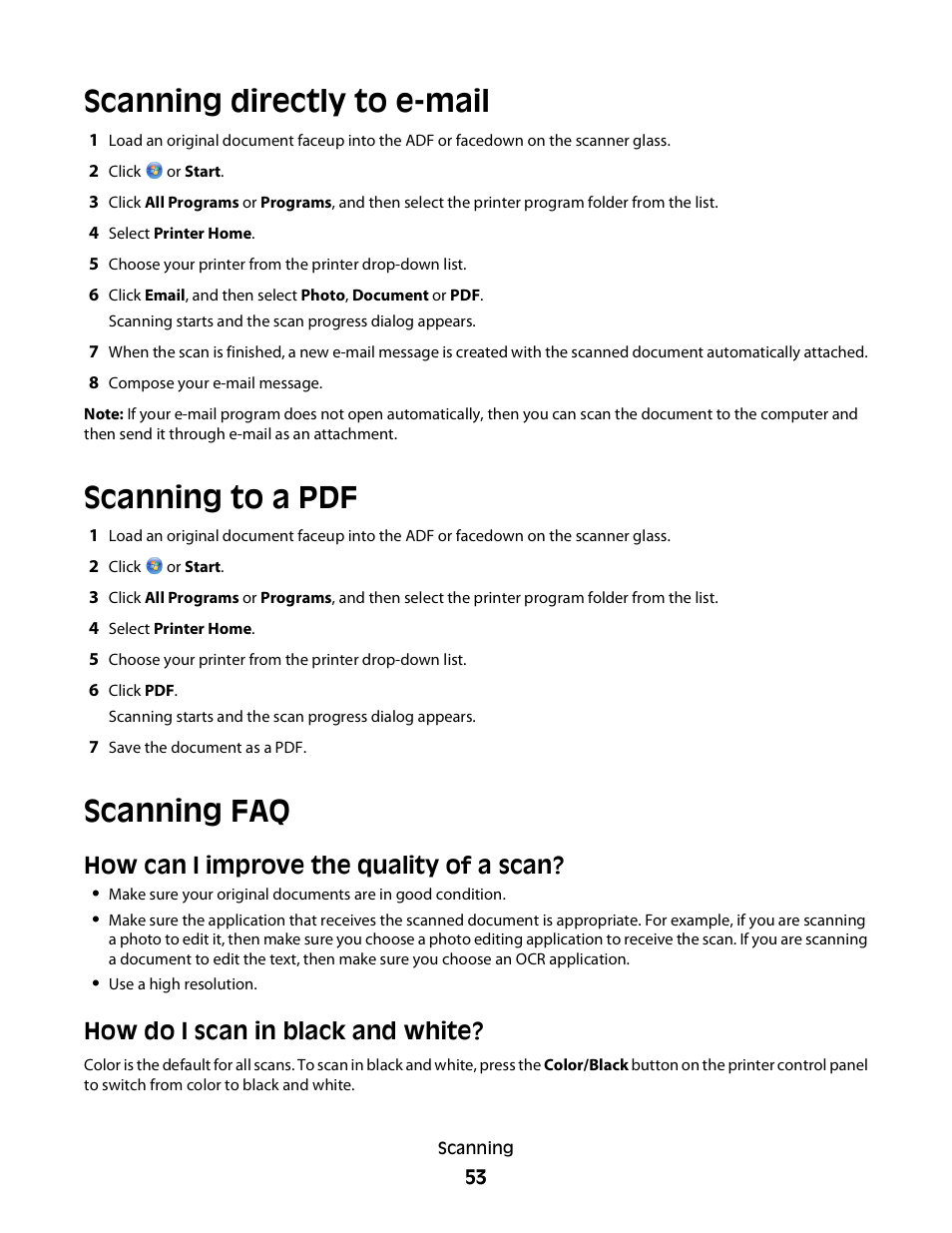 Scanning directly to e-mail, Scanning to a pdf, Scanning faq | How can i improve the quality of a scan, How do i scan in black and white | Dell V313 All In One Inkjet Printer User Manual | Page 53 / 107