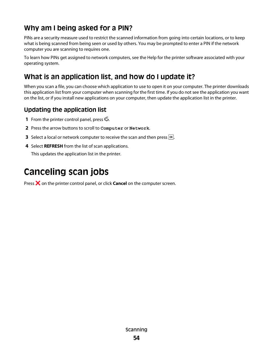 Why am i being asked for a pin, Canceling scan jobs | Dell V313 All In One Inkjet Printer User Manual | Page 54 / 107