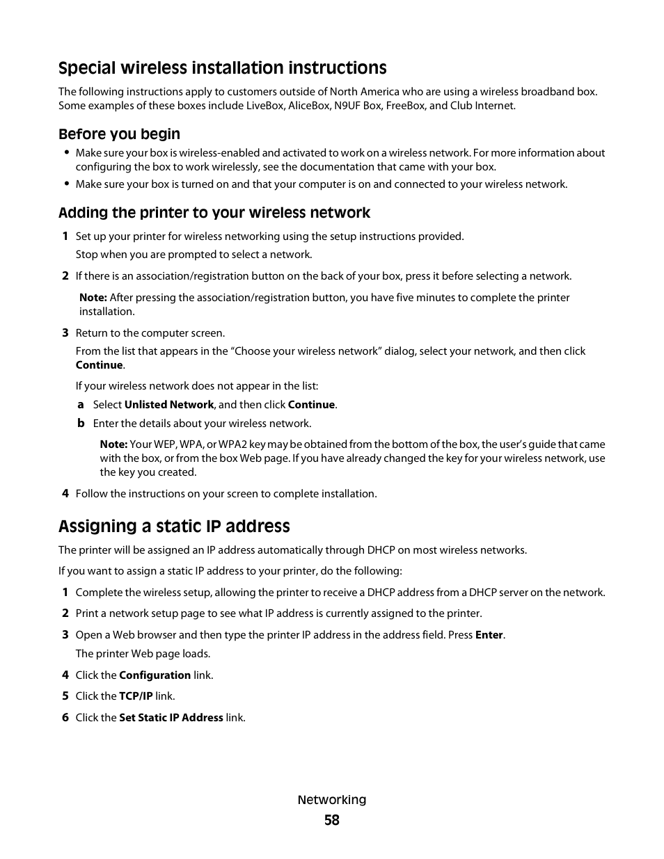 Special wireless installation instructions, Assigning a static ip address | Dell V313 All In One Inkjet Printer User Manual | Page 58 / 107