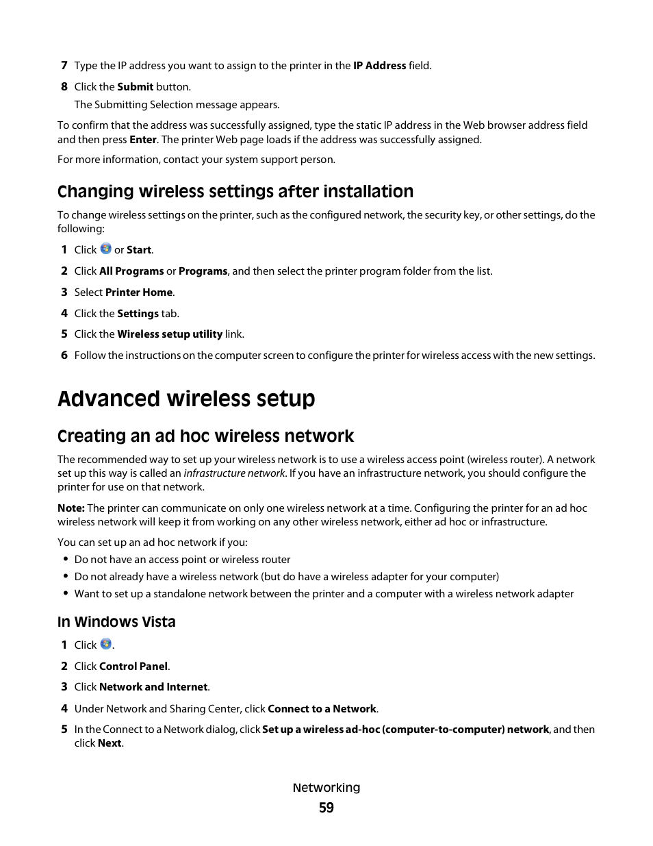 Changing wireless settings after installation, Advanced wireless setup, Creating an ad hoc wireless network | Dell V313 All In One Inkjet Printer User Manual | Page 59 / 107