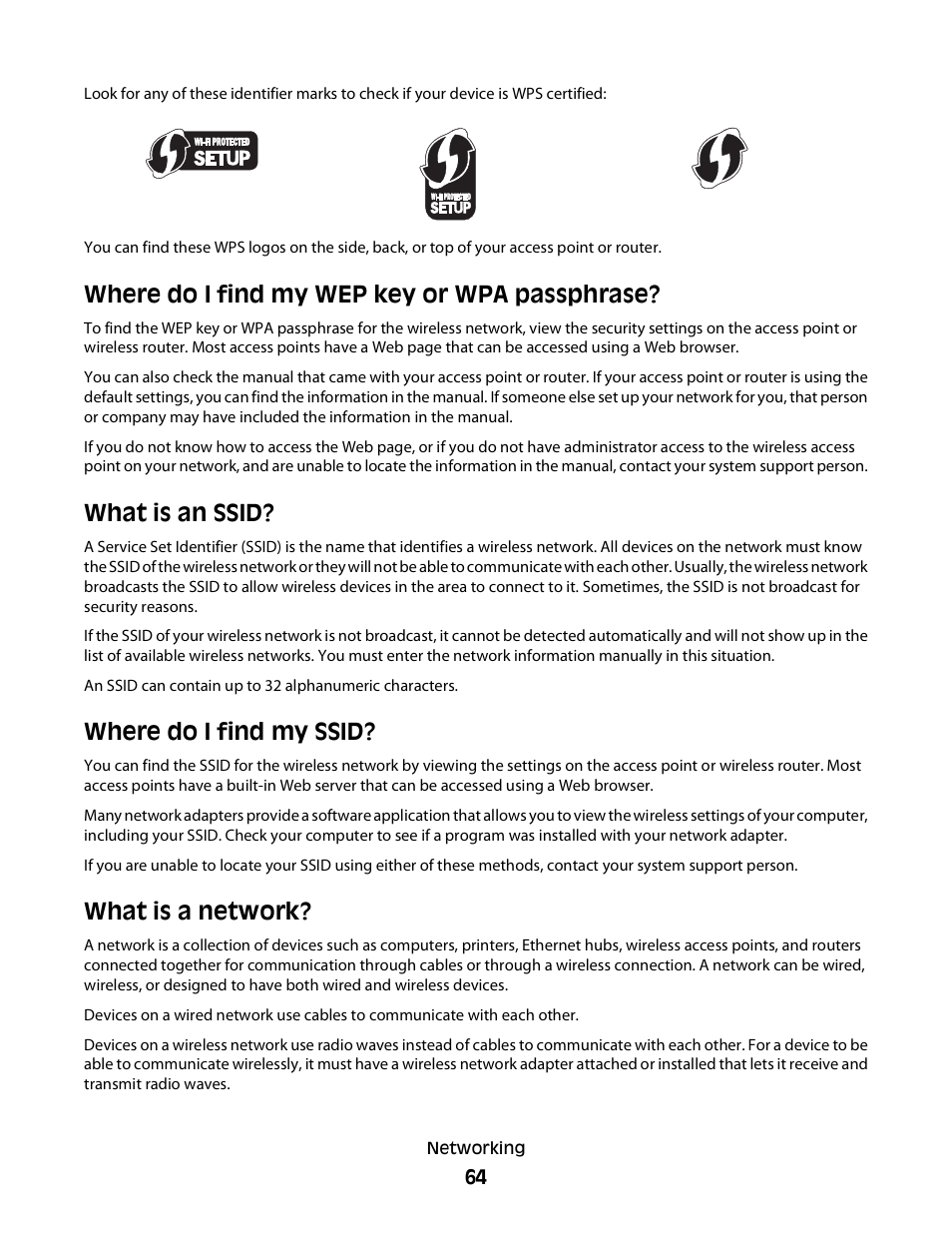 Where do i find my wep key or wpa passphrase, What is an ssid, Where do i find my ssid | What is a network | Dell V313 All In One Inkjet Printer User Manual | Page 64 / 107