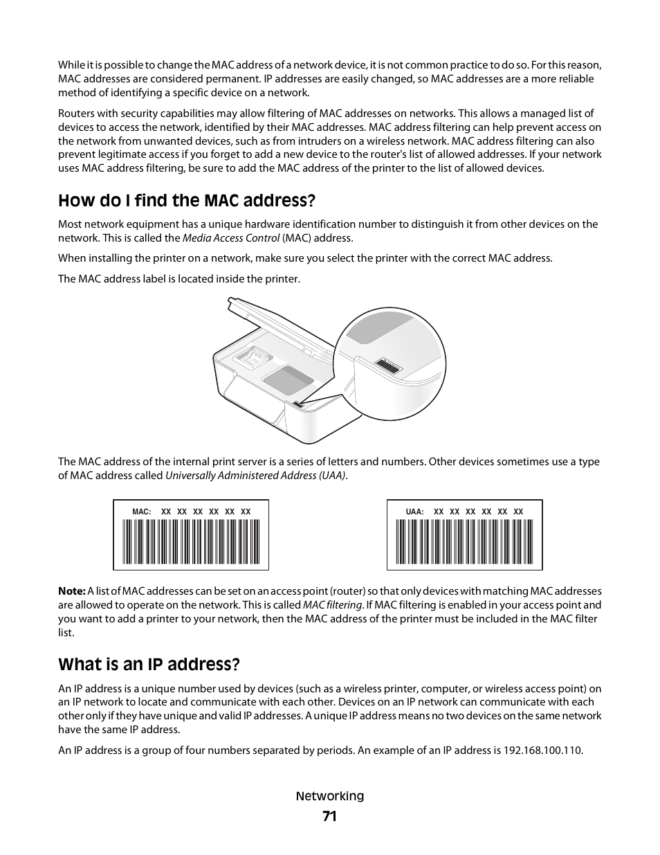 How do i find the mac address, What is an ip address | Dell V313 All In One Inkjet Printer User Manual | Page 71 / 107