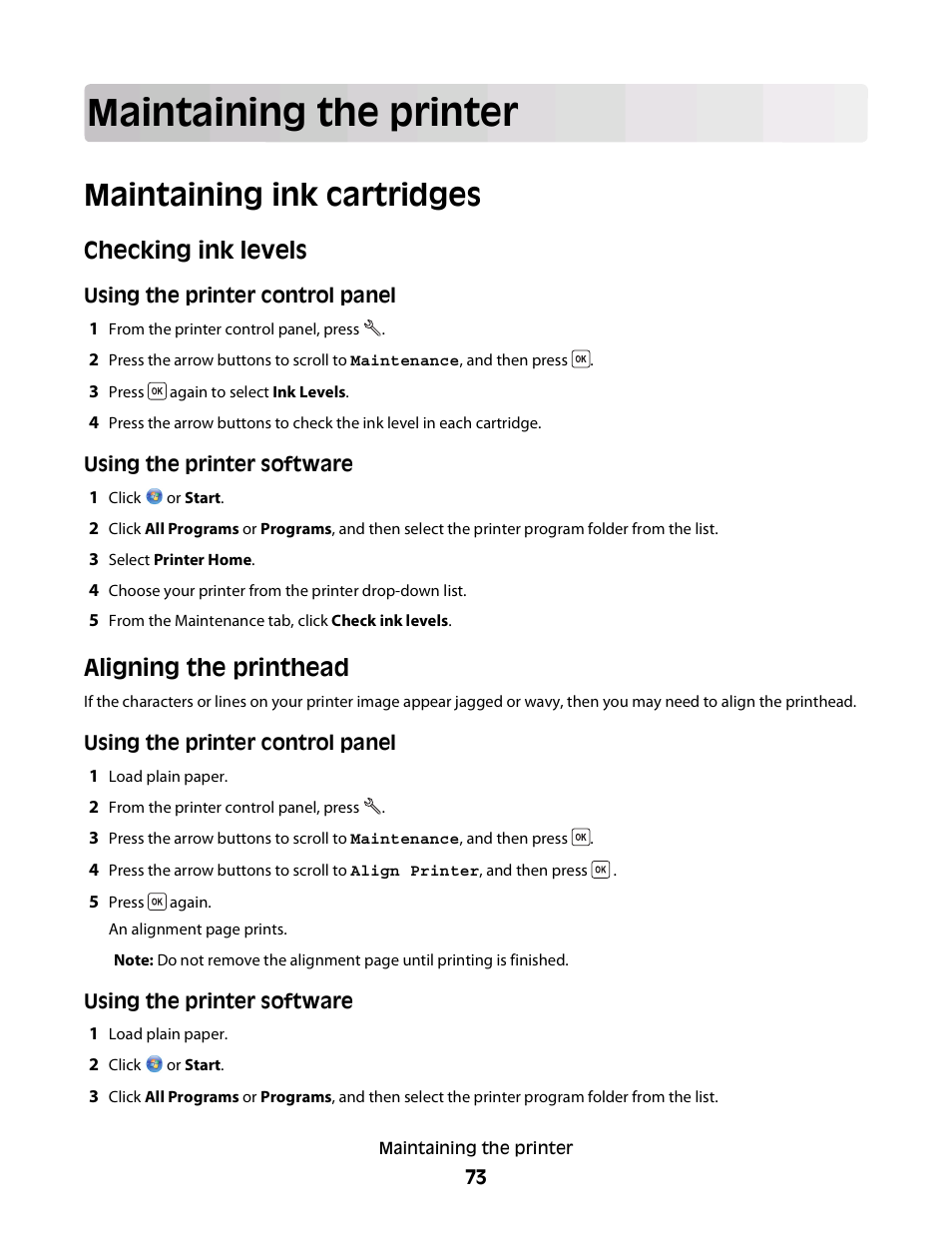 Maintaining the printer, Maintaining ink cartridges, Checking ink levels | Aligning the printhead | Dell V313 All In One Inkjet Printer User Manual | Page 73 / 107