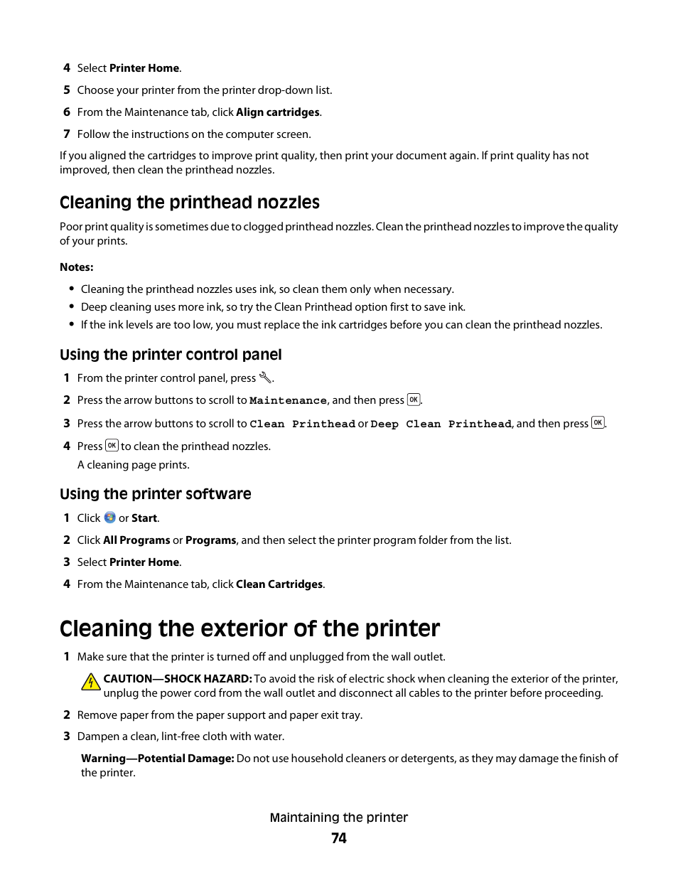 Cleaning the printhead nozzles, Cleaning the exterior of the printer | Dell V313 All In One Inkjet Printer User Manual | Page 74 / 107