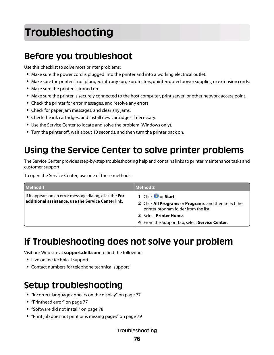 Troubleshooting, Before you troubleshoot, Using the service center to solve printer problems | If troubleshooting does not solve your problem, Setup troubleshooting | Dell V313 All In One Inkjet Printer User Manual | Page 76 / 107